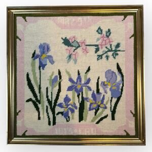 Vintage Floral Needlepoint Wall‎ Art 18”x18”